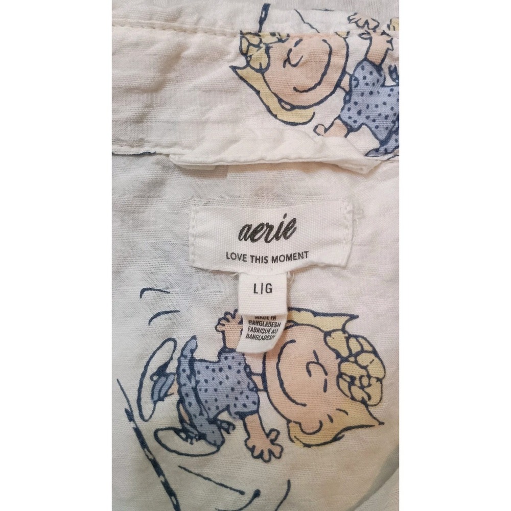 Aerie Peanuts Sally Brown Lounge Button-Up Shirt White Seersucker Sz L Oversized - Picture 6 of 9